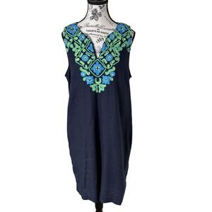 J. CREW  Dress Size LT Blue Embroidered Shift 100%Linen V-neck sleeveless